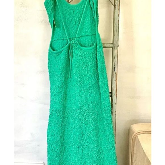 Free People Za Za Midi Maxi Dress Fitted Cutout Puckered Smocked Green Blue - Picture 6 of 6